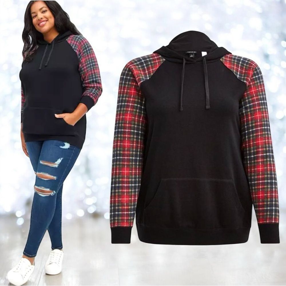 Torrid Black Plaid Red Classic Fit Cozy Fleece Raglan Hoodie Size 3 3XL - Picture 4 of 13
